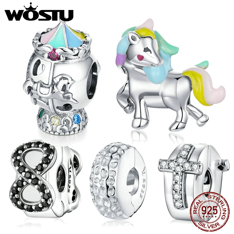 

WOSTU 925 Sterling Silver Bead Charm Unicorn Elegance Clip Stopper Charms Crystal Fit Pandora Bracelets Women DIY Jewelry