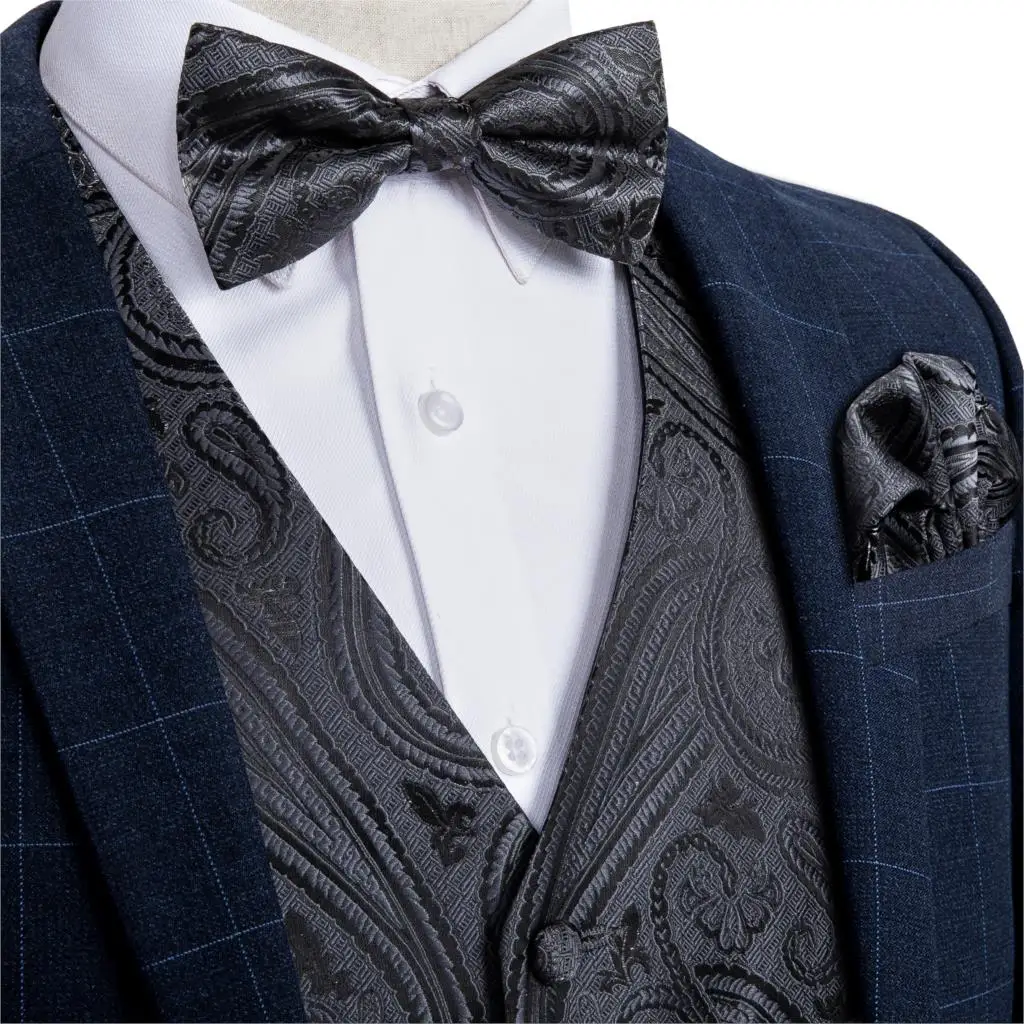 Для мужчин платье без рукавов цвета: золотистый, красный белого и синего цвета твердый Пейсли Шелковый костюм с жилетом на свадьбу для Для мужчин галстук-бабочка платок запонки набор галстуков для костюм со смокингом, DiBanGu - Цвет: MJ-119