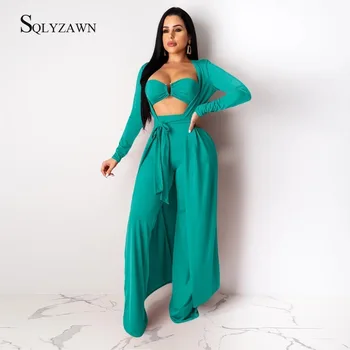 

Autumn Sexy 3 Three Piece Matching Suit Casual Winter High Elastic Crop Bra Top and Wide Leg Pants and Long Cardigan Women Sets