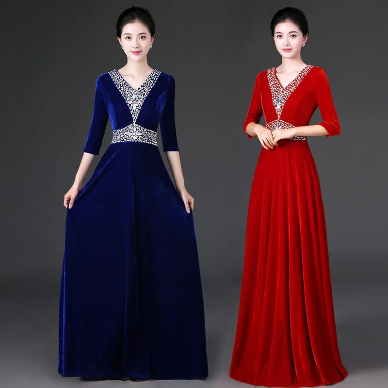 

Choral Service New Style Women's Adult Middle-aged 2019 Long Skirts Modern Gold Velvet Students 18-25 a Year of Age Formal Dress