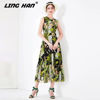 

LINGHAN Fashion Print Midi Chiffon Dress Women's elegant Sleeveless Vacation Tank Dresses Designer Spring Summer New
