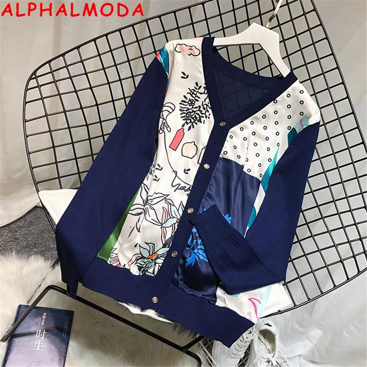 

ALPHALMODA European V-neck Satin Print Sweater Patchwork Knitted Faux Single Breasted Pullover Autumn Long-sleeved Fashion Top