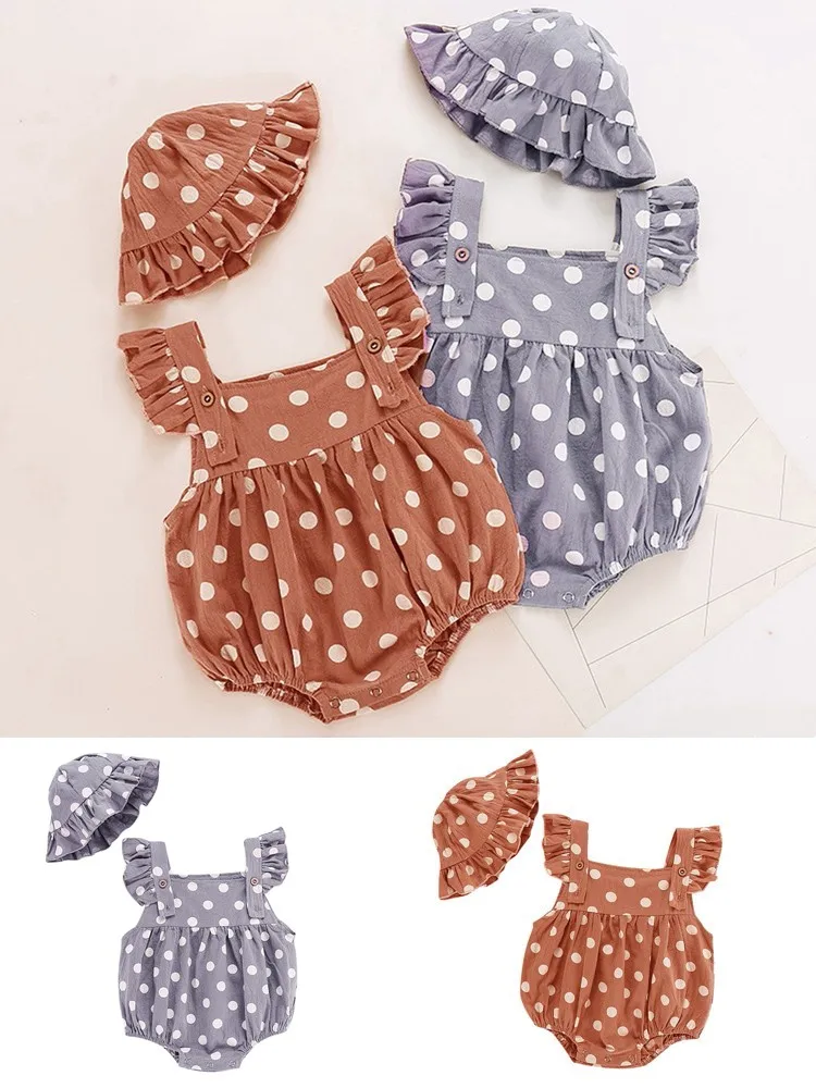 New Born Baby Clothes Infant Girls Sleeveless Ruffles Dot Print Romper Clothing+Hat Set Roupas Kids Summer Cotton Jumpsuit | Детская