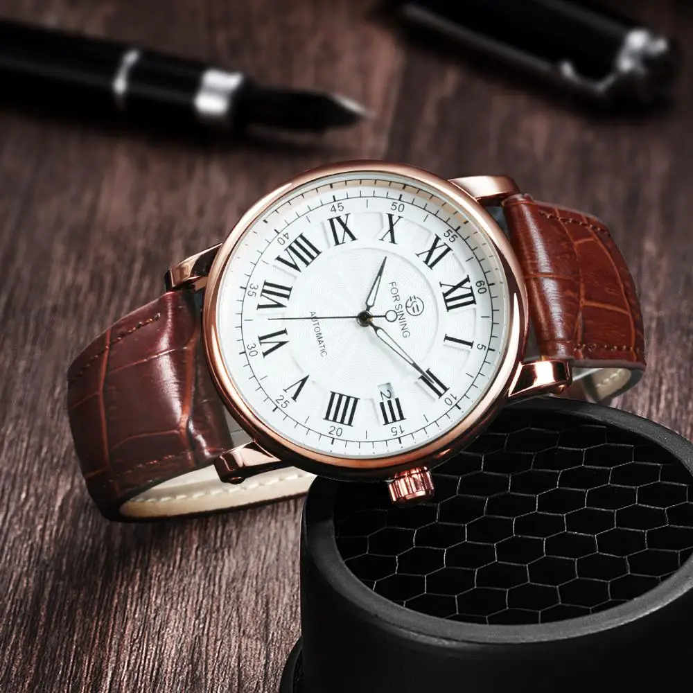 Mechanical Watch Man Watch Mechanical Automatic Watch Luxury Retro Roma Classic Black Leather Band Calendar Watches