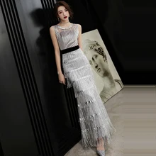 Вечернее платье без рукавов с блестками, элегантное женское вечернее платье на молнии с круглым вырезом и кисточками, вечерние платья F143