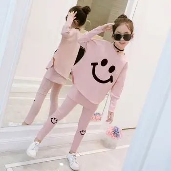 

Baby Girls Spring Fall Cotton Casual Printed Smiley Sets 2020 New Big Girls Top + Tight Culotte Long Sleeve SportsTwo-piece Set