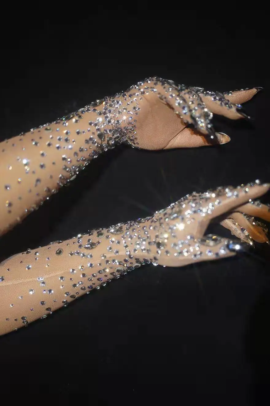 Luxurious Stretch Rhinestones Gloves Women Sparkly Crystal Mesh Long Gloves Dancer Singer Nightclub Dance wear
