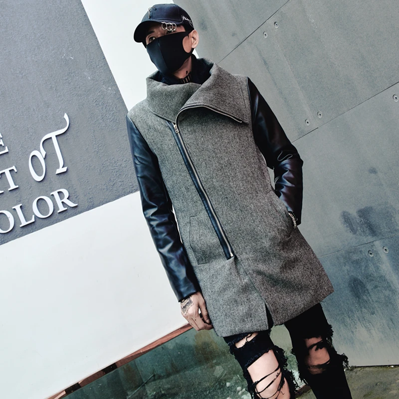 Guo-Chao Tang New Winter Hipster Hip-hop Dark Slim Thick Coat Personality zipper Splice Streetwear Overcoat Drop Shipping