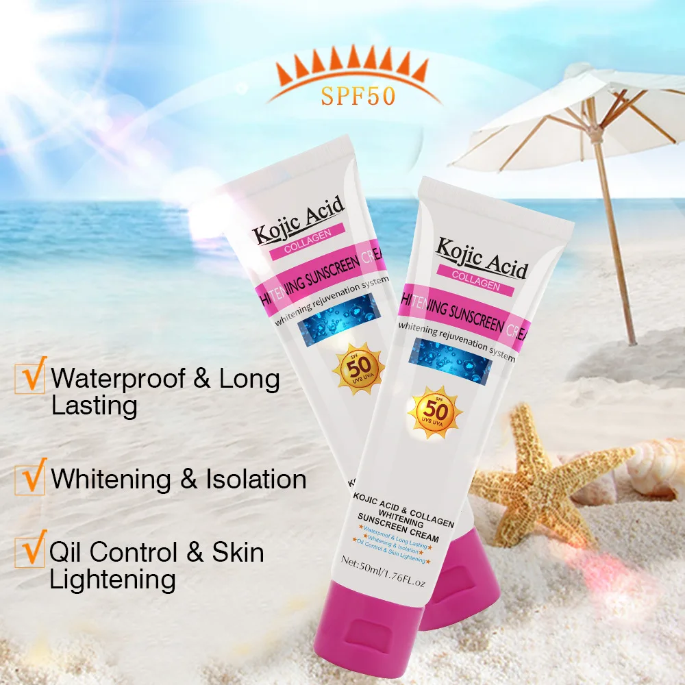 Kojic Acid Collagen Sunscreen Cream Whitening Concealer Isolation UV Moisturizing Skin Care Waterproof Long Lasting SPF50