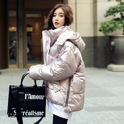 pink Зимнее хлопковое Женское пальто, новая модная блестящая куртка с капюшоном, теплая парка, толстая пуховая стеганая куртка, свободная женская верхняя одежда - Цвет: pink