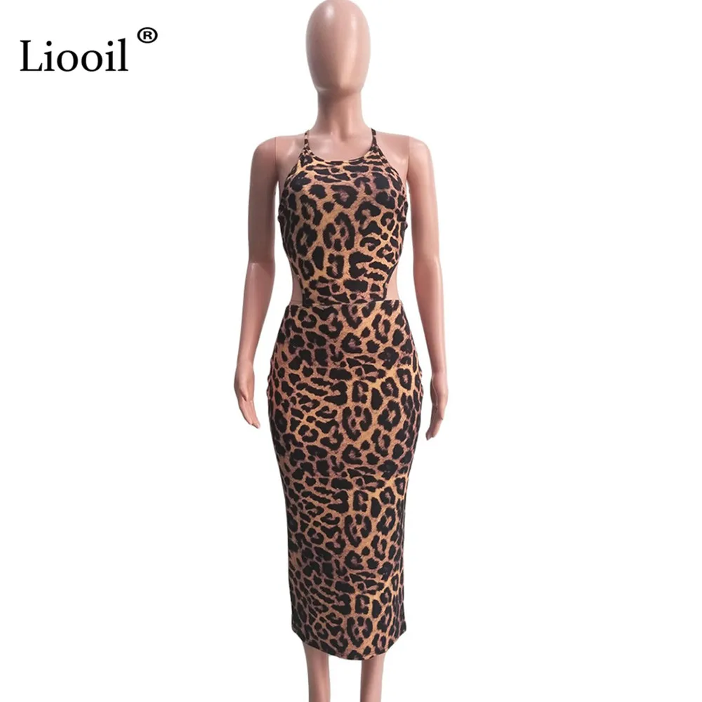 Liooil, Леопардовый принт, открытая спина, сексуальное, Холтер, бодикон, платье миди, для женщин,, без рукавов, в африканском стиле, для ночного клуба, вечерние, облегающие платья