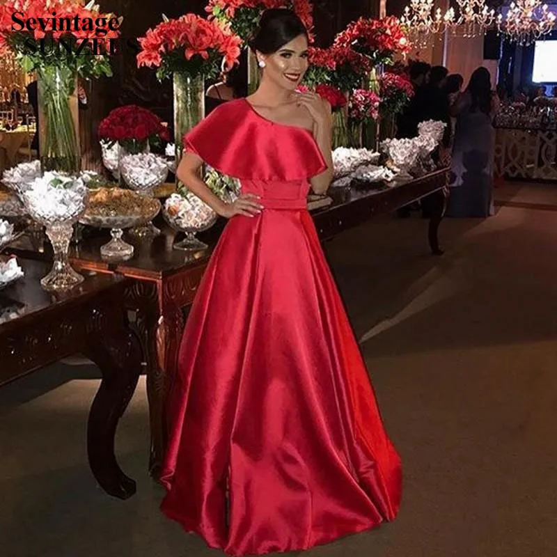 

Sevintage Simple Cheap Long Satin Prom Dresses One Shoulder Cap Sleevle Evening Gowns Plus Size Formal Party Women Dress 2020