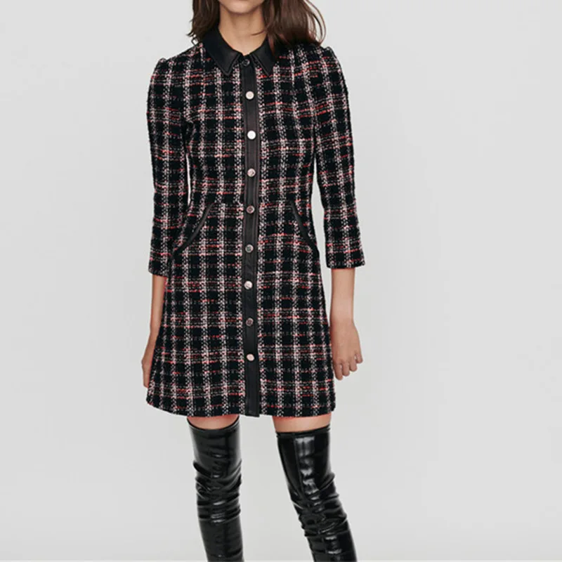 

Plaid Wool Tweed Dress 2019 Fall Turn Down Collar Single Breasted Pu Leather Patchwork Slim Dress Elegant Long Sleeve Dress