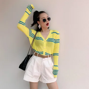 

Wholesale Women V-neck Striped Sweater Cardigans Long Sleeve Slim Sweater Short Knit Casual Autumn Wild Female Cardigans