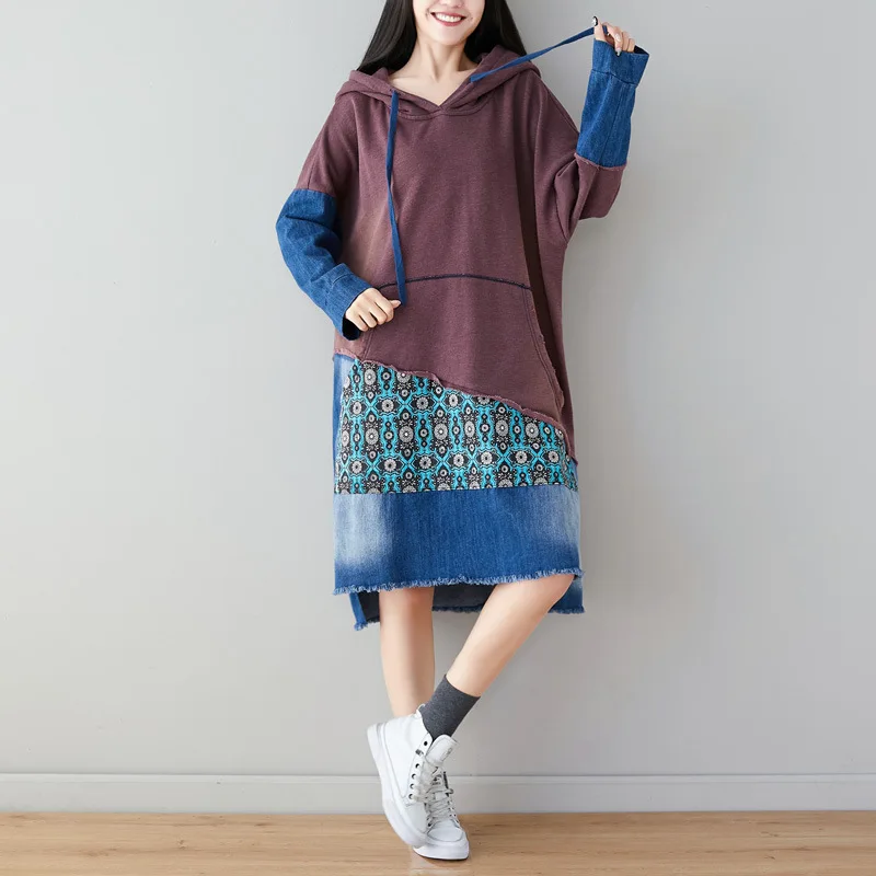Длинный свитер с капюшоном, женское платье в стиле пэчворк, свободные Ретро пуловеры размера плюс, мешковатое джинсовое платье с капюшоном на завязках