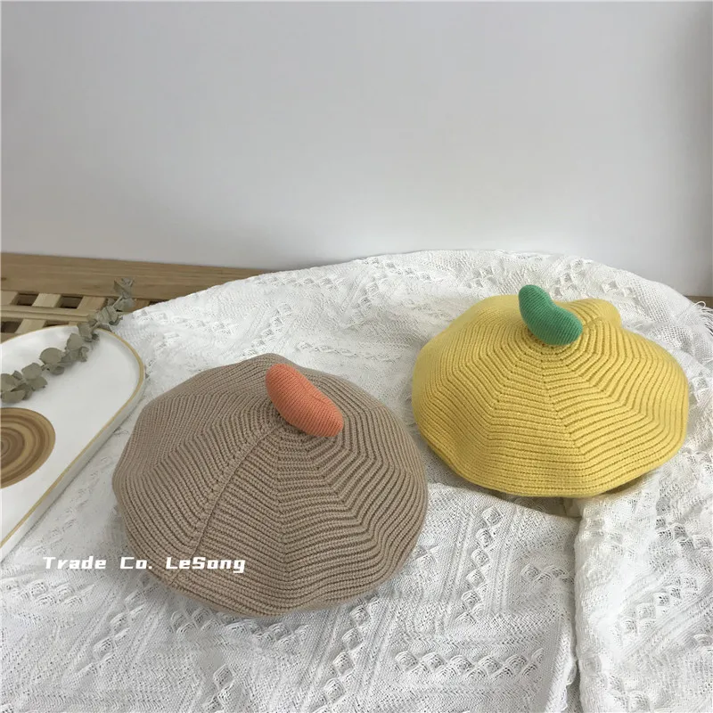 Korean Style Three Dimensional Love Children's Knitted Beret Hat Autumn Winter Baby Pumpkin Hat Artist Painter Woolen Cap