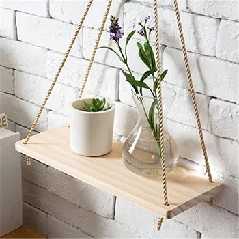 

Premium Wood Swing Hanging Rope Wall Mounted Floating Shelves Plant Flower Pot Room Organizer Wall Shelf Bathroom Accessories 20