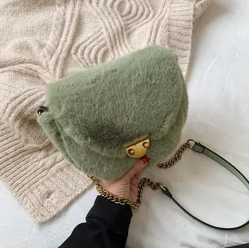 

Elegant Female Saddle Bag 2019 Winter New High Quality Soft Plush Women's Designer Handbag Lock Chain Shoulder Messenger Bag