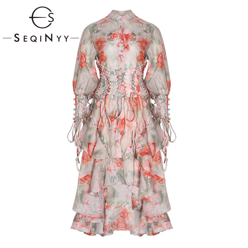 

SEQINYY Bohemia Dress 2020 Summer Spring New Fashion Design Women Puttee Ink Flower Prited Midi Dress