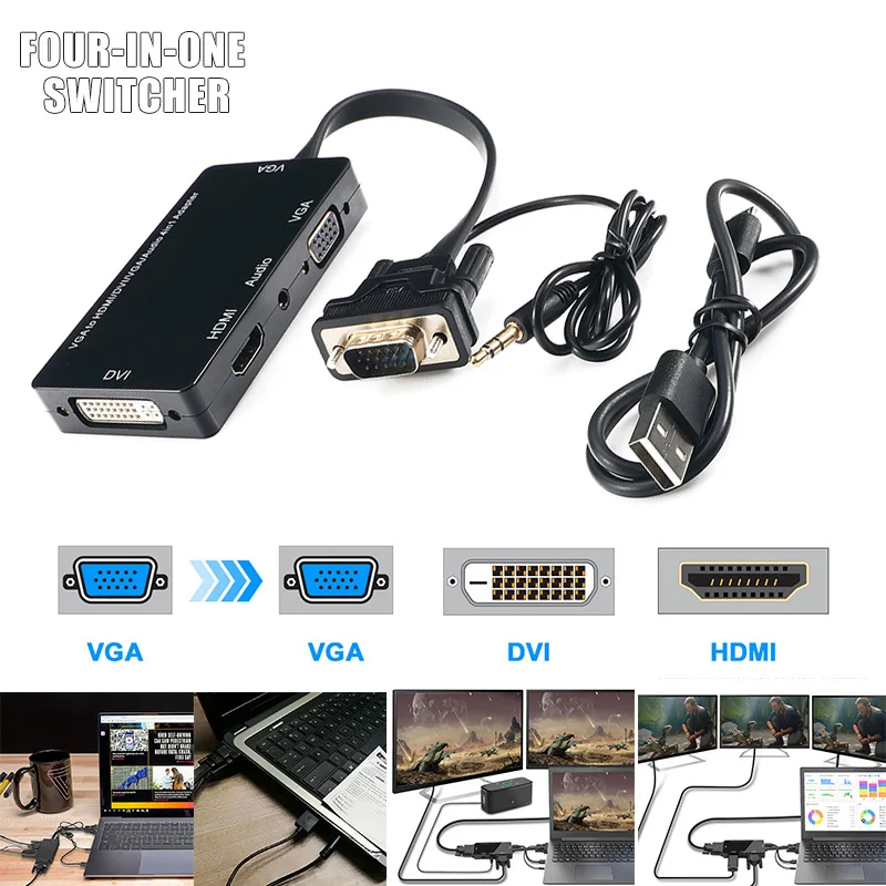 Недавно 4-в-1 VGA к VGA HDMI DVI переходник аудио Выход конвертер для настольных ПК DC128