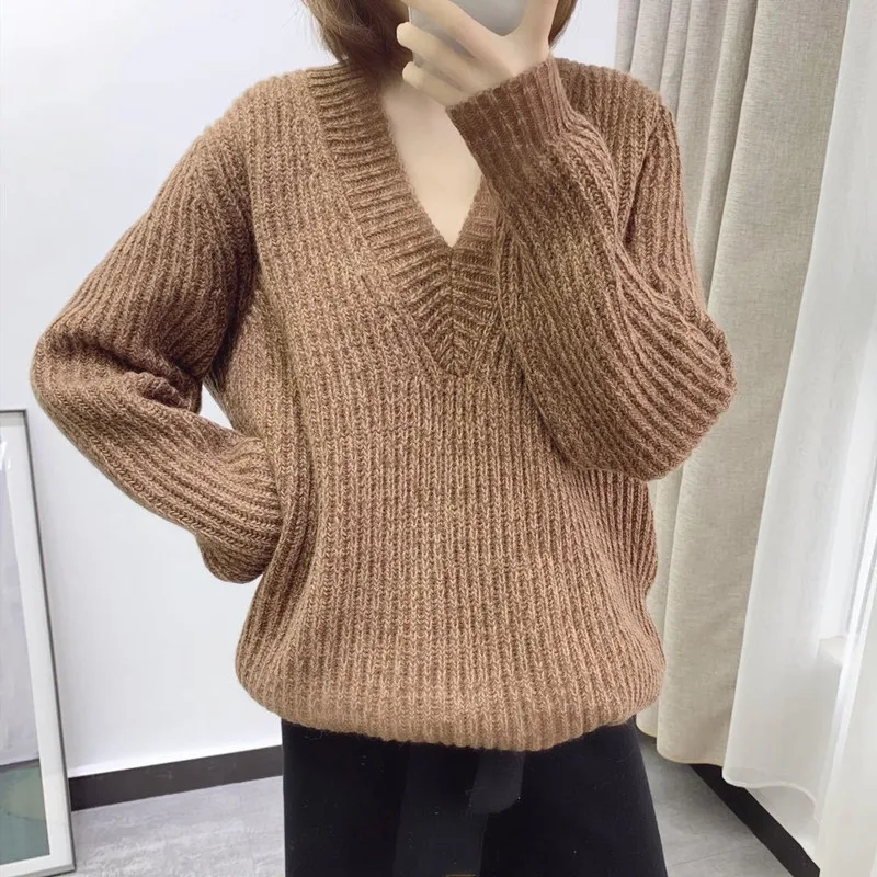 Women Knitted Sweater Autumn Winter Solid Color V Neck Long Sleeve Loose Casual Knitwear Pullover Tops - Цвет: B