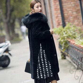 

Fox Fur Collar Winter Real Fur Coat Women Hooded Shearing 100% Wool Jacket Long Overcoat Abrigo Invierno Mujer F8808 KJ3180