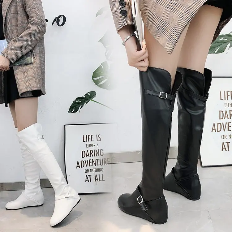 

Autumn And Winter Elevator Thigh Boot Women's, White Belt Buckle Knee High Boots Large Size Biker Boots 40-43