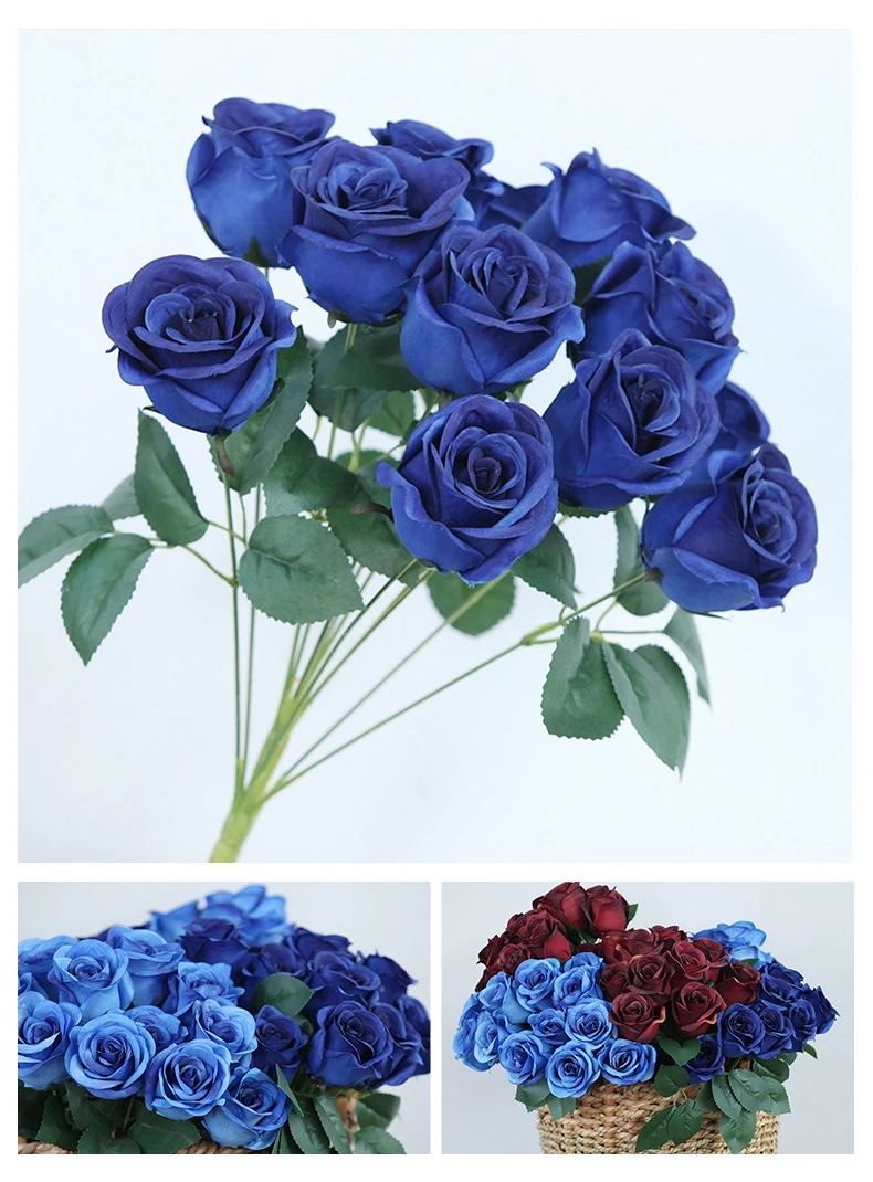JAROWN 12 Heads Silk Roses Bride Holding Flowers Royal Blue Fake Rose Flowers Home Wedding Arch Table Decor Artificial Flower (42)