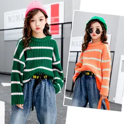 Осенняя одежда для девочек-подростков Детский свитер вязаный пуловер оранжевый и зеленый кардиган с полосками свитер для девочек топы для