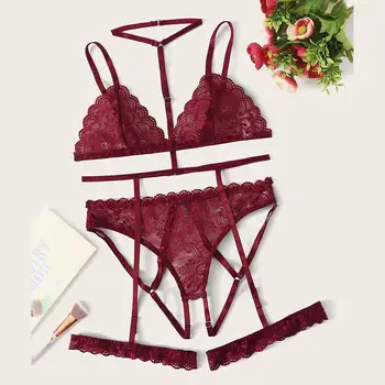 

2020 Women Sexy Exquisite Mesh Lingerie Corset Lace Hole Underwire Racy Muslin Bra+garter+briefs Set Babydoll Cut-out Sleepwear