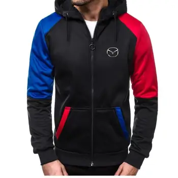 

Fashion Fitness Patchwork Sweatshirt Men Zipper Popular Loose Warm Hooded Pocket Hip Hop Mazda Car LOGO Tops Fast delivery