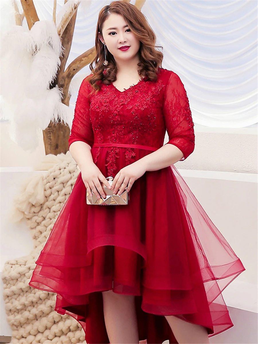 Платье для выпускного вечера с коротким рукавом, высокая низкая Vestidos De Gala, женские вечерние платья с аппликацией, вечернее платье размера плюс с v-образным вырезом T091