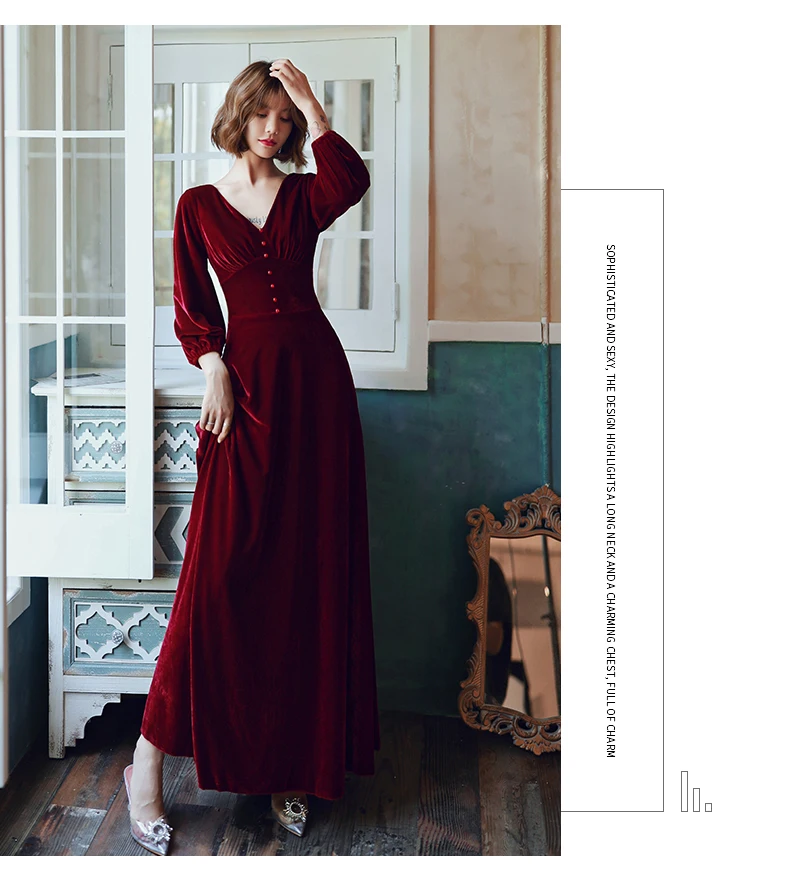 AE596 Robe De Soiree бургундское сексуальное велюровое вечернее платье для женщин ТРАПЕЦИЕВИДНОЕ с v-образным вырезом элегантное официальное вечернее платье