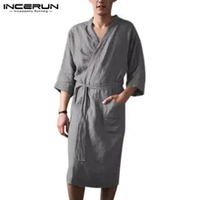 INCERUN, Сексуальное Женское ночное платье, кимоно, модная мужская однотонная одежда для сна с длинным рукавом, хлопок, лен, Повседневная Пижама с поясом