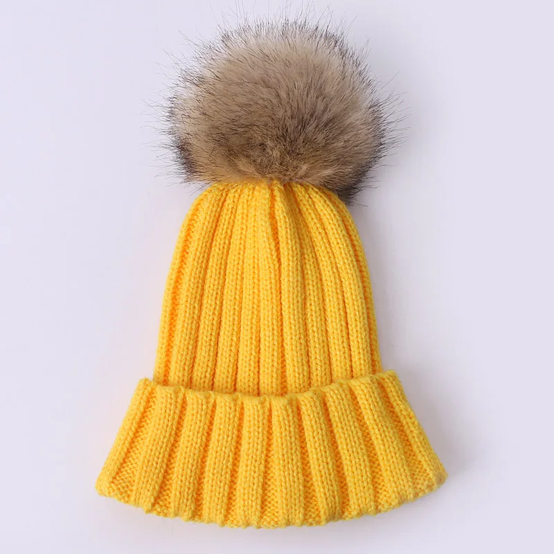 Зимние шапки для детей с помпоном из искусственного меха, уличная теплая вязаная шапочка, детская шапка для девочек и мальчиков, теплая одноцветная шапка, модная шапка - Цвет: L