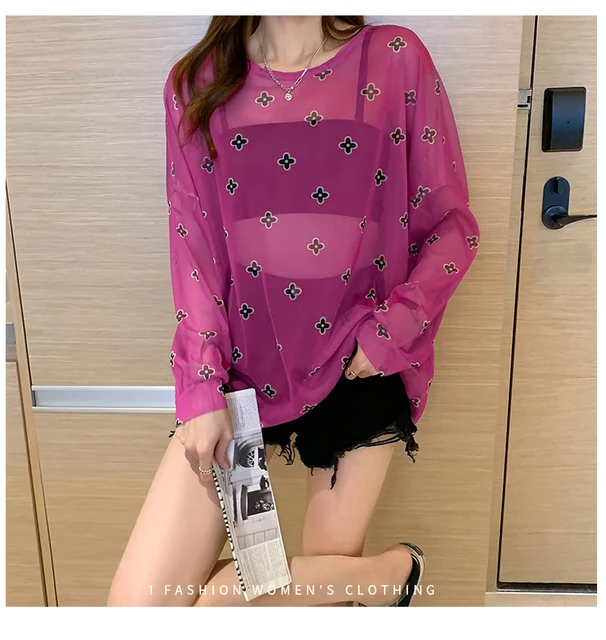 Disney 2021 Summer Famous Anime Mickey Mouse Brand Mesh Shirt Women Sun Protection Transparent Long Sleeve Blouse Ladies T-shirt 3748 Pitaya Color