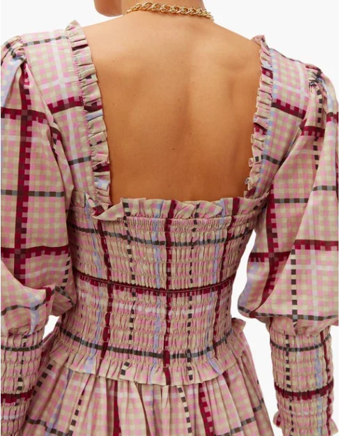 Дизайнерские разноцветные Gingham Smocked шифоновое макси-платье со сборками в клетку хлопок Пышное Платье в стиле ретро с оборками жоржет платье для пикника