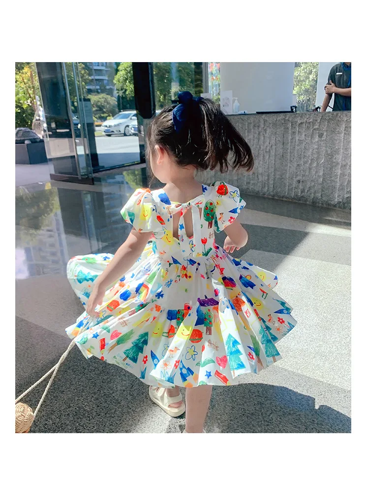 Summer Girls' Dress 2022 New Puff Sleeve Casual Cartoon Party Princess Dress Cute Children's Wear Baby Kids Girls Clothing baby girl skirt apparel