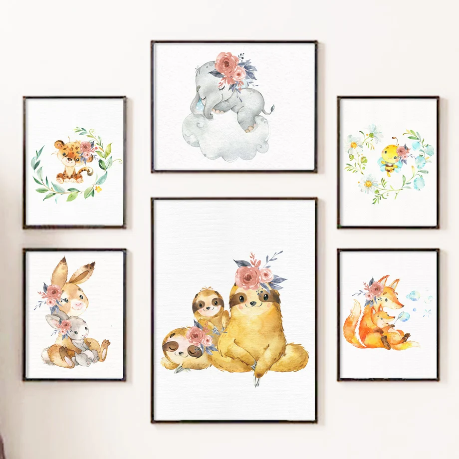 Sloth-Rabbit-Fox-Elephant-Baby-Wall-Art-Canvas-Painting-Nordic-Posters-And-Prints-Cartoon-Wall-Pictures