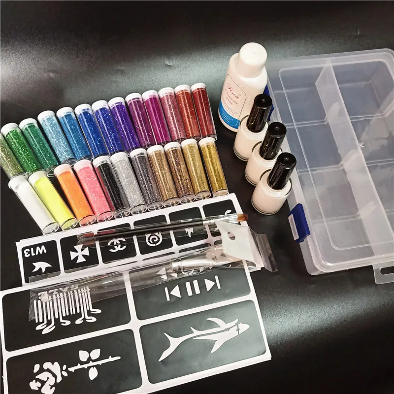 High Capacity 24 Colors Powder Shimmer Glitter 3 Glues 2 Brushes 2 Stencils For Temporary Tattoo Kids Face DIY Nail Art