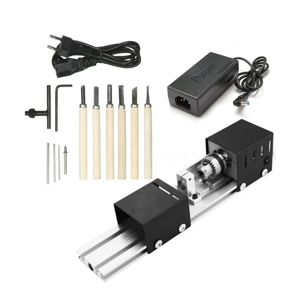 

DC12-24V 100W Mini Lathe Beads Polished Machine Woodworking Lathe With Power Carving Cutter Wood Lathe EU/US Plug