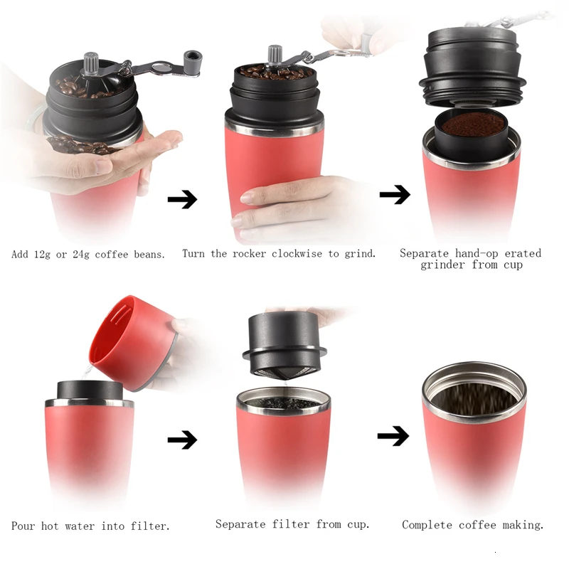 Красная ручная кофеварка, кофемолка для зерен, портативная Эспрессо-машина, пресс-бутылка для кофе, кофейник, инструмент для путешествий на открытом воздухе