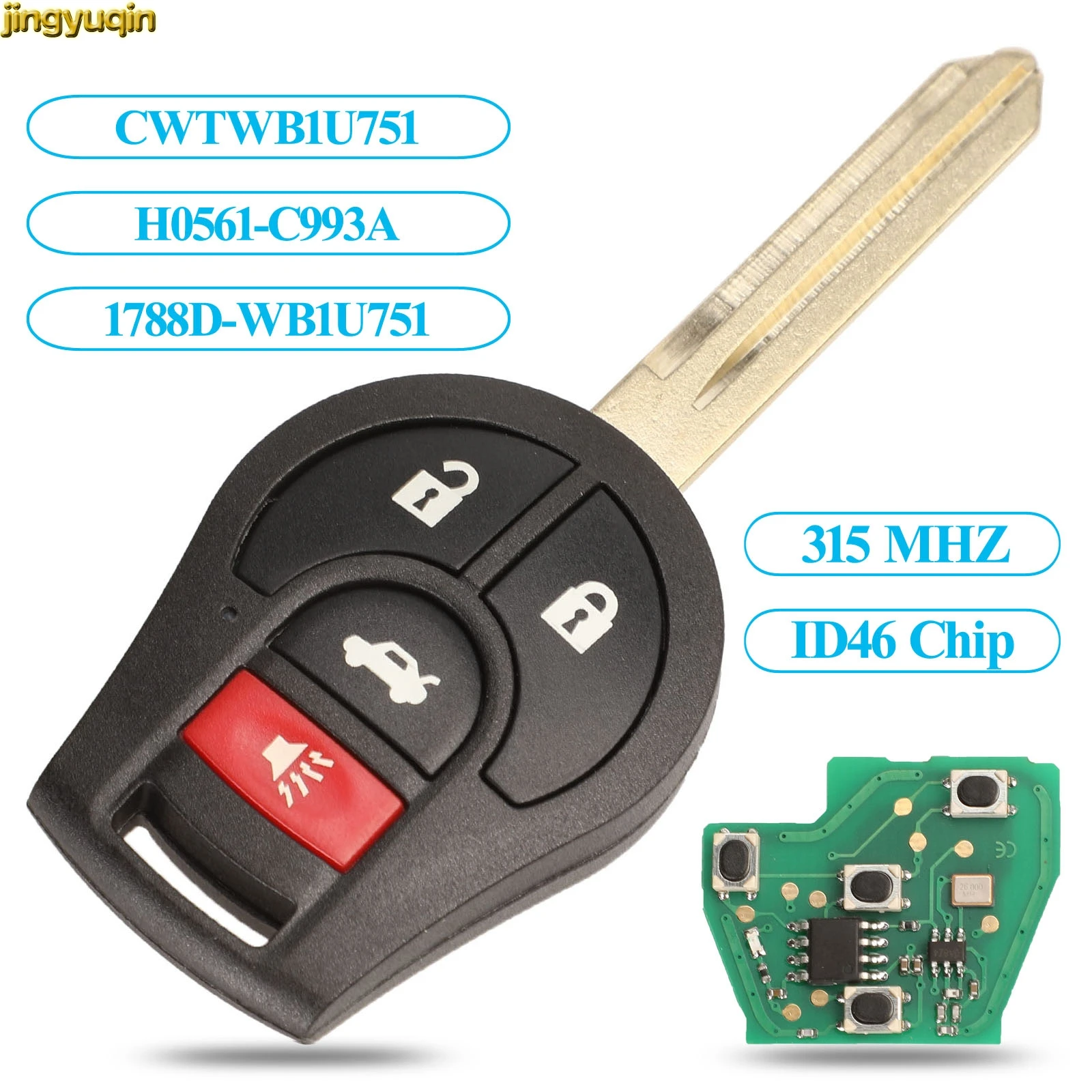 

jingyuqin Remote Car Key 315MHZ ID46 Chip For Nissan Keyless Entry Fob Transmitter CWTWB1U751 1788D-WB1U751 H0561-C993A 3/4 BTN