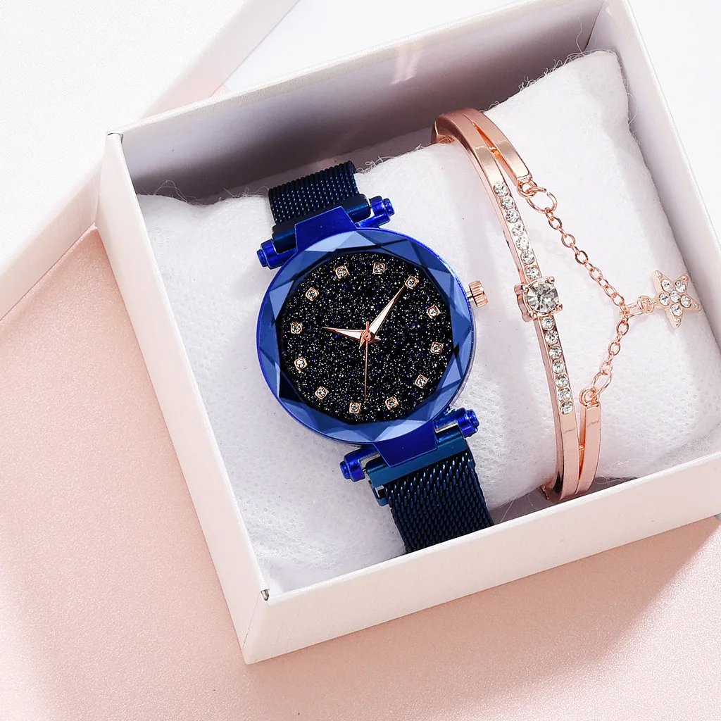 Женские часы, браслет, набор,, Роскошные, с бриллиантами, розовое золото, женские наручные часы, магнитные, звездное небо, часы, женские, водонепроницаемые часы