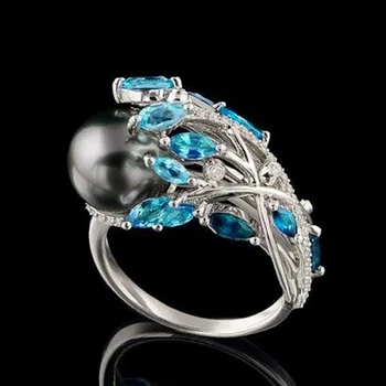 

Luxury Crystal Cocktail Rings Trendy Blue Zircon Phoenix Tail Black Pearl Rings For Women Fashion Jewelry