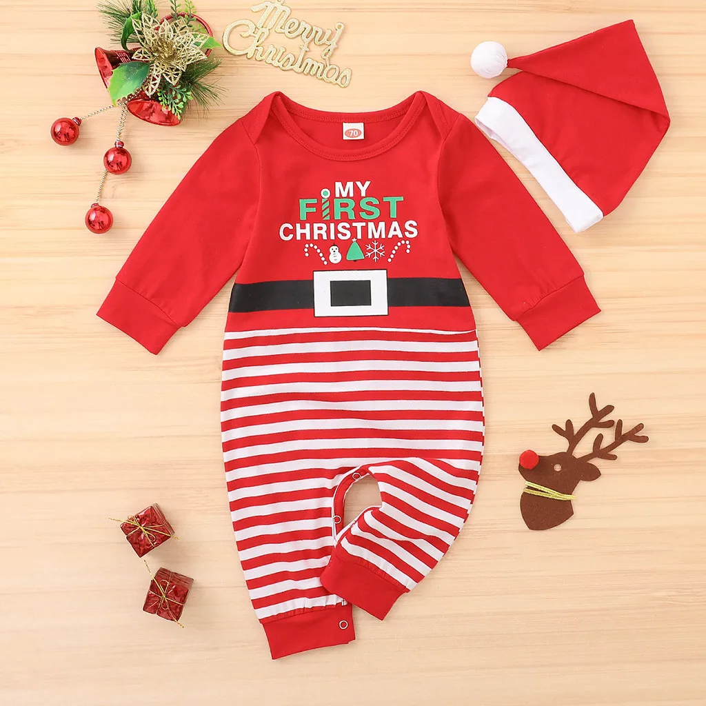 My First Christmas Infant Baby Girls Boys Merry Cap Letter Striped Romper Jumpsuit+hat Xmas Outfits New Year Costume | Детская одежда и