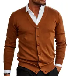 Vintage Men Knitted Sweater Coat Buttons V-neck Autumn Winter Outerwear Solid Color Long Sleeve Cardigan Sweater Knitwear