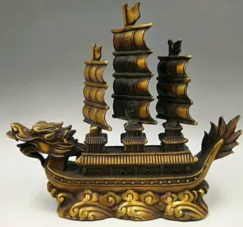 

10" Old Chinese Copper Bronze Zodiac Dragon Sailing Boat Ship Lucky Statu