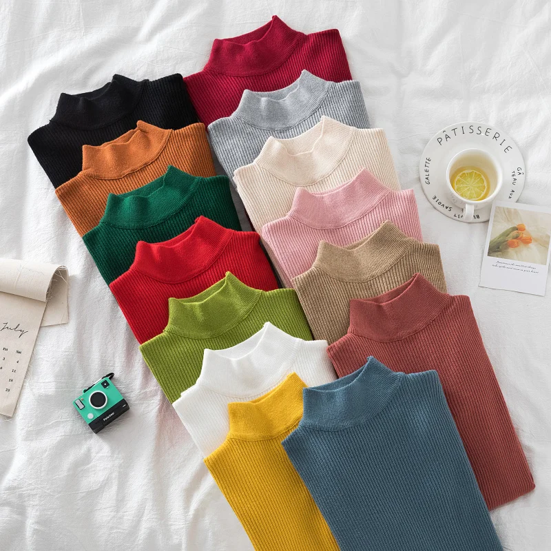 

2022 Autumn Winter Knitted Sweater Women Long Sleeve Slim Sweater Pullover Solid Half High Collar Jumper Sweaters Pull 17043