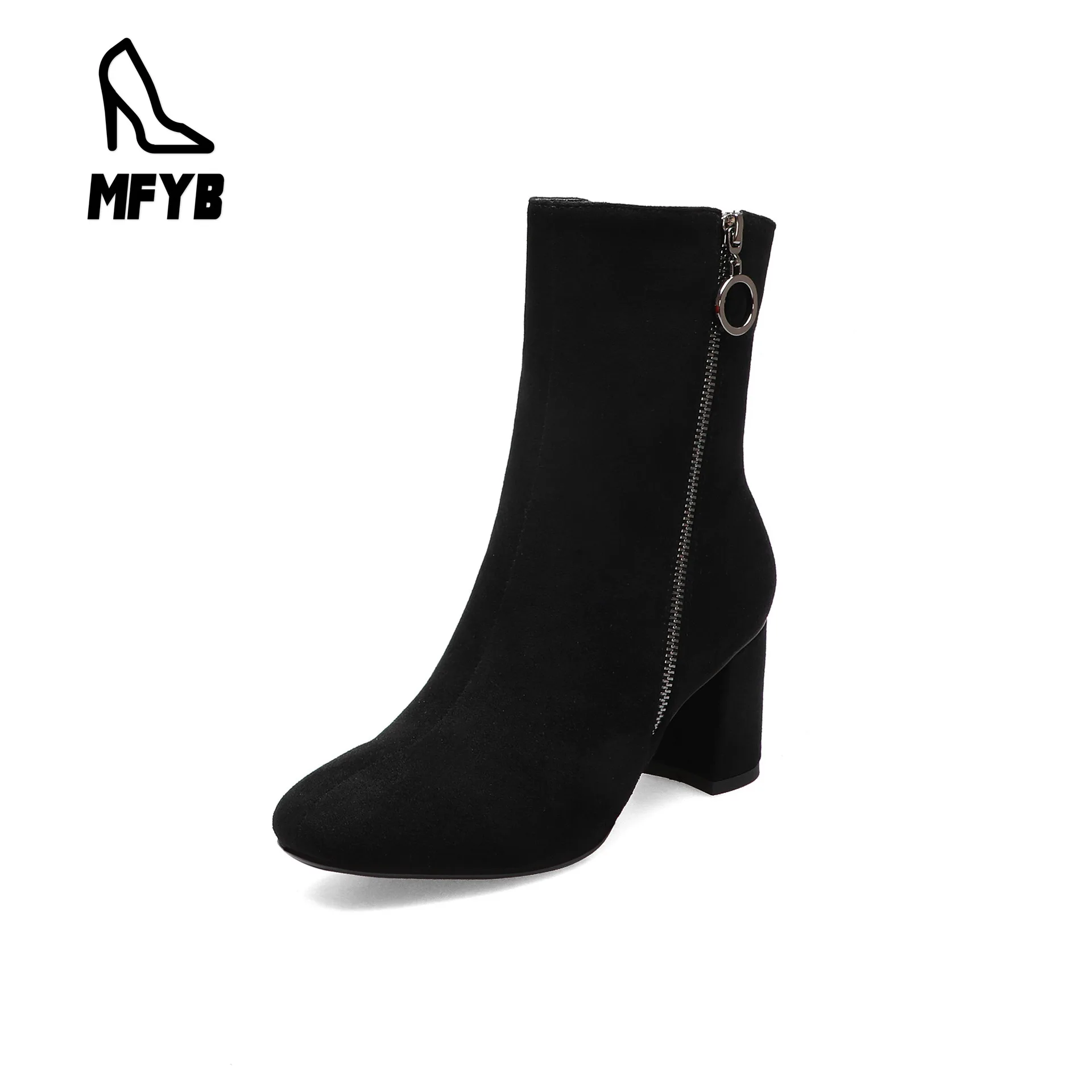 

MFYB Women's boots 2019 winter new fashion square head high heel suede women's short boots large size 34-42